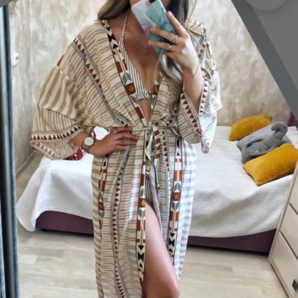 New Tribal Print Kimono Duster Maxi Robe Coverup - Picture 7 of 7